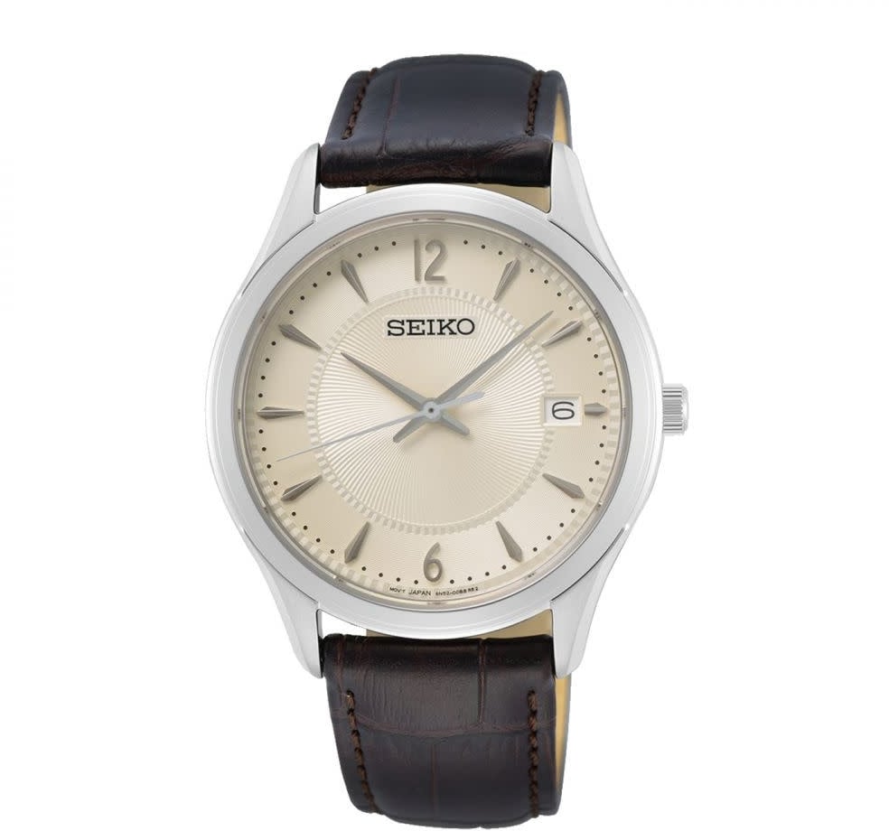 Seiko HEREN SS BRUIN LEER CREME 100M WR SUR421P1 Zilver