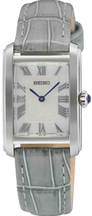 Seiko Seiko Horloge SWR099P1 Staal Quartz met MOP Wijzerplaat 50m Waterdicht en Grijzen Leren Horlogeband 22 x 34mm Lichtgrijs