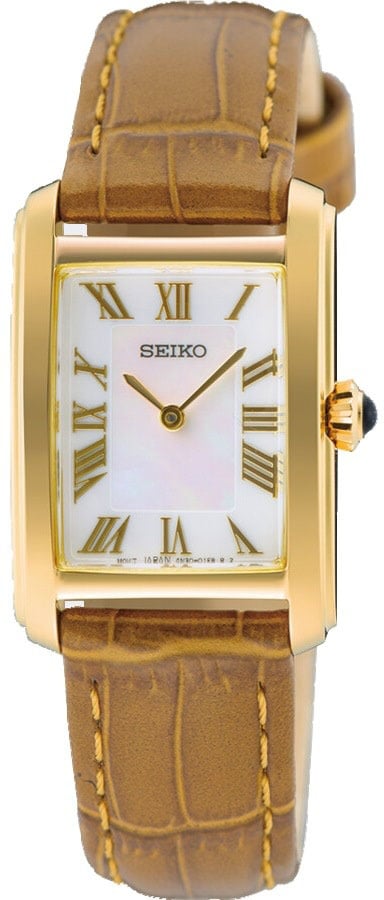 Seiko Seiko Horloge SWR100P1 Staal met Geelgouden Plating Quartz 50m Waterdicht met MOP Wijzerplaat en Bruin Leren Horlogeband 22 x 35mm Beige