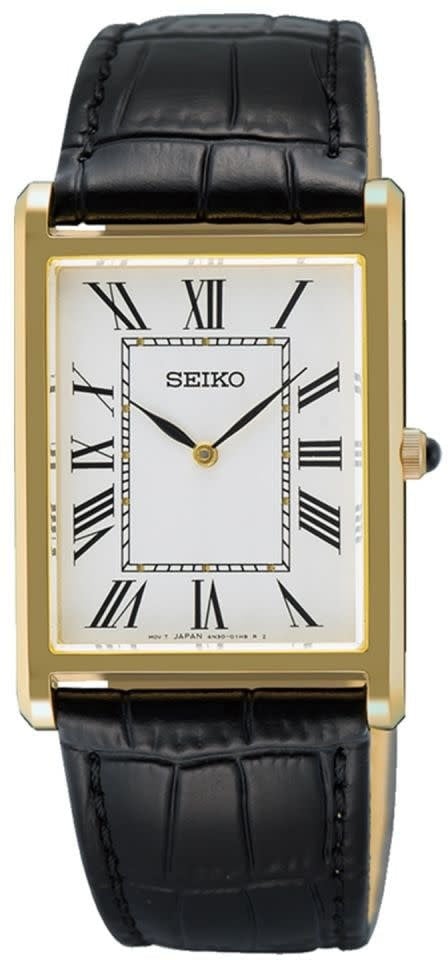 Seiko Seiko Horloge SWR104P1 Staal met Geelgouden Plating Quartz Saffierglas 50m Waterdicht met Zwart Leren Horlogeband 27mm x 38mm Zwart