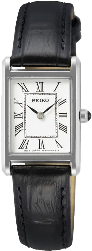 Seiko Seiko Horloge SWR107P1 Staal Vierkant Quartz 50m Waterdicht Saffierglas met Zwart Leren Horlogeband 28.4 x 18.9mm Zwart