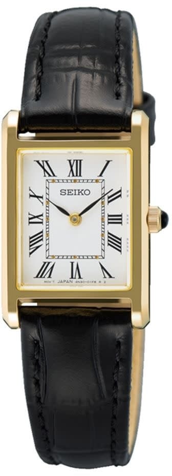 Seiko Seiko Horloge SWR108P1 Staal met Geelgouden Plating Quartz Saffierglas 50m Waterdicht met Zwart Leren Horlogeband 19mm x 23mm Zwart