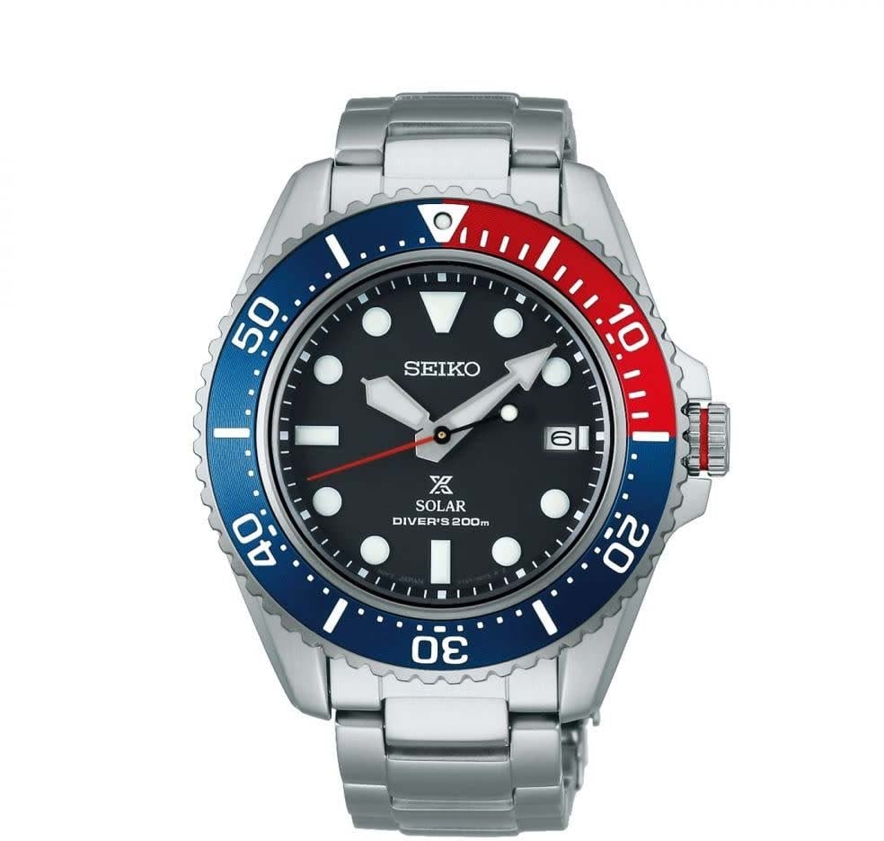 Seiko Seiko Horloge SNE591P1 Prospex Staal Solar Saffierglas 100m Waterdicht met Blauw Rood 43mm Zilver