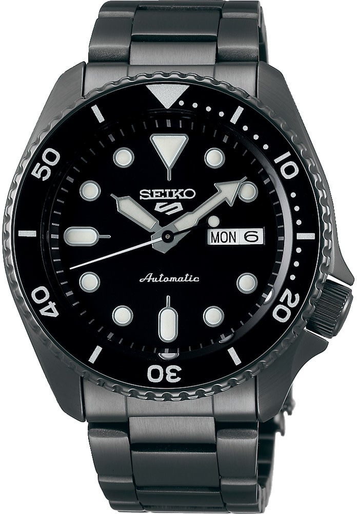 Seiko Seiko Horloge SRPD65k1 5 Sports Staal Automaat in Gun-Metal 100m Waterdicht met Zwarte Wijzerplaat 42mm Donkergrijs