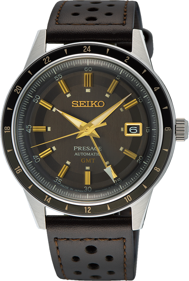 Seiko Seiko Horloge SSK013J1 Presage Staal Automaat GMT 50m Waterdicht met Bruine Leren Horlogeband 41mm Bruin