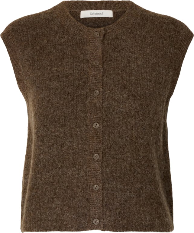Selected Femme - SLWLULU SL BUTTON O-NECK VEST NOOS - 16098808 - Dachshund Melange Bruin