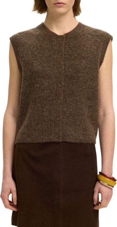 Selected Femme - SLWLULU SL BUTTON O-NECK VEST NOOS - 16098808 - Dachshund Melange Bruin