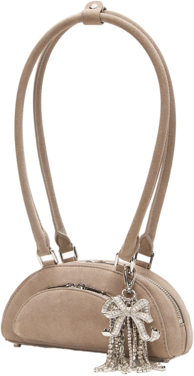 Self-Portrait Mini Taupe Suede Shoulder Bag With Detachable Bow Charm Neutraal