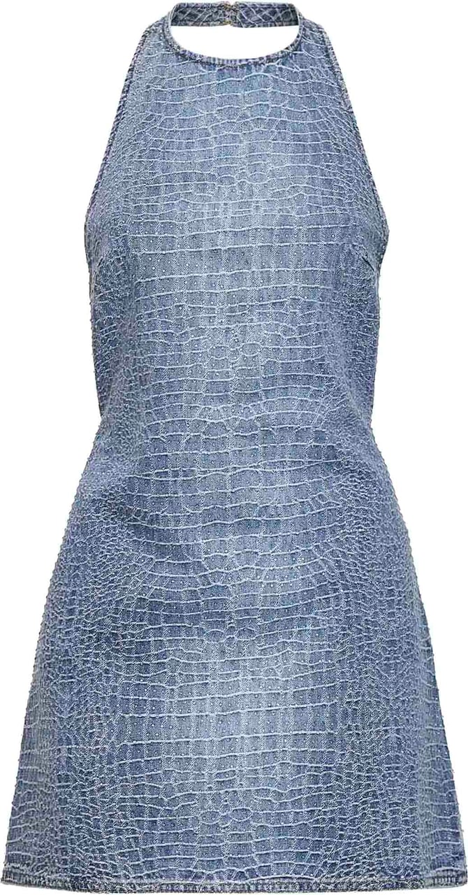 Self-Portrait Crocodile Denim Mini Dress Blauw