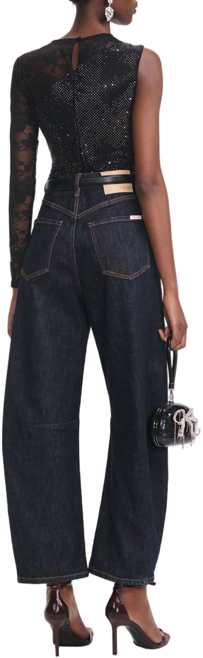 Self-Portrait Asymmetrical One-Shoulder Top With Lace And Rhinestone Embellishments Zwart