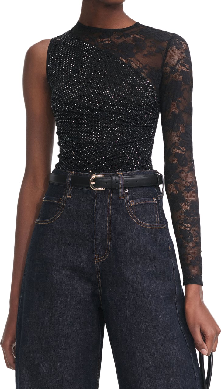 Self-Portrait Asymmetrical One-Shoulder Top With Lace And Rhinestone Embellishments Zwart