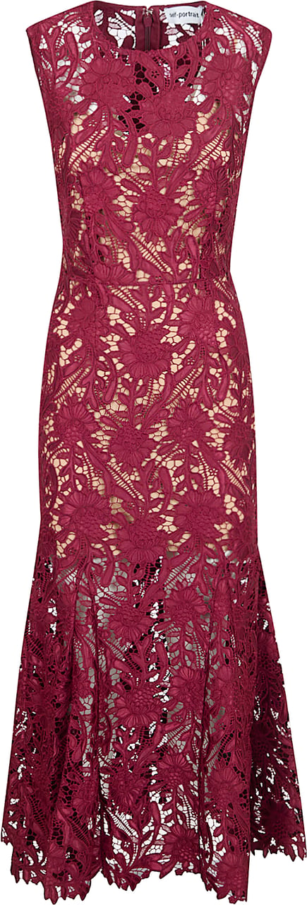 SELF-PORTRAIT BURGUNDY GUIPURE LACE MIDI DRESS Rood