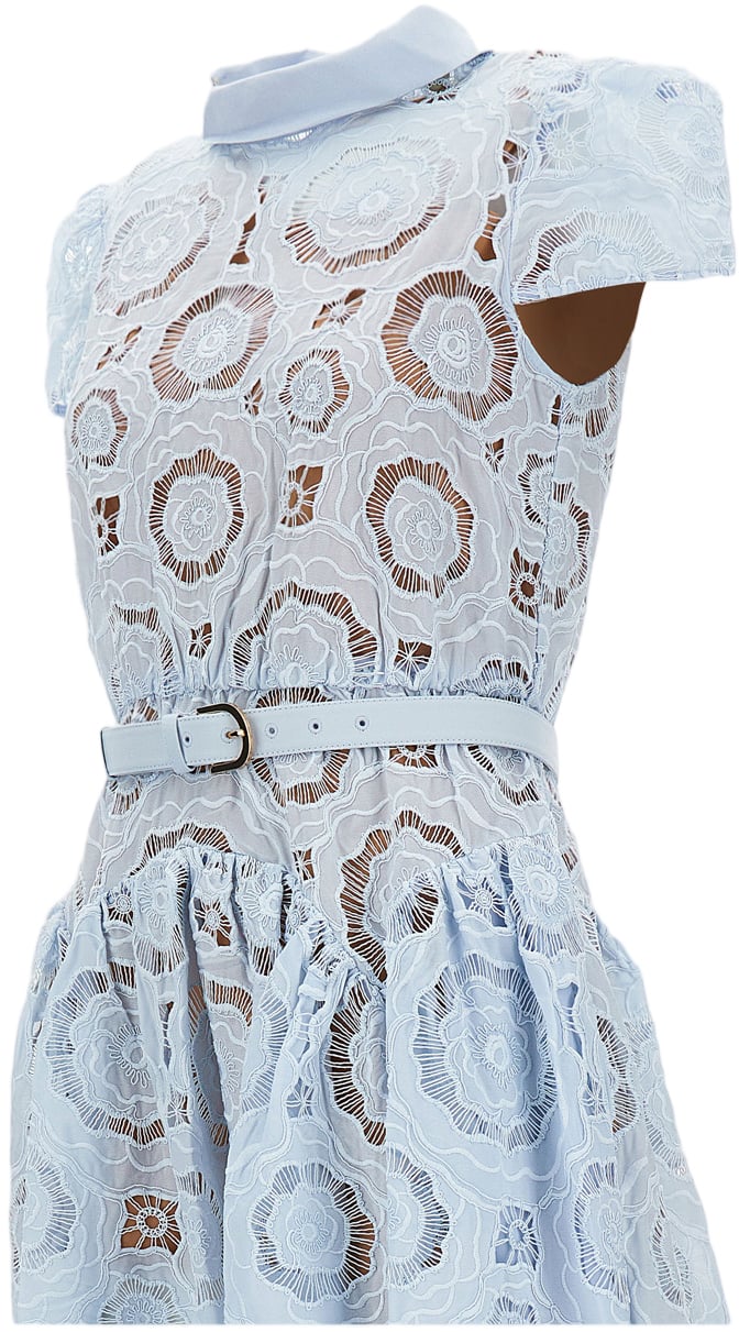 Self-Portrait Floral Lace Midi Dress with Refined Collar and Detachable Belt Blauw