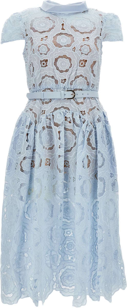 Self-Portrait Floral Lace Midi Dress with Refined Collar and Detachable Belt Blauw