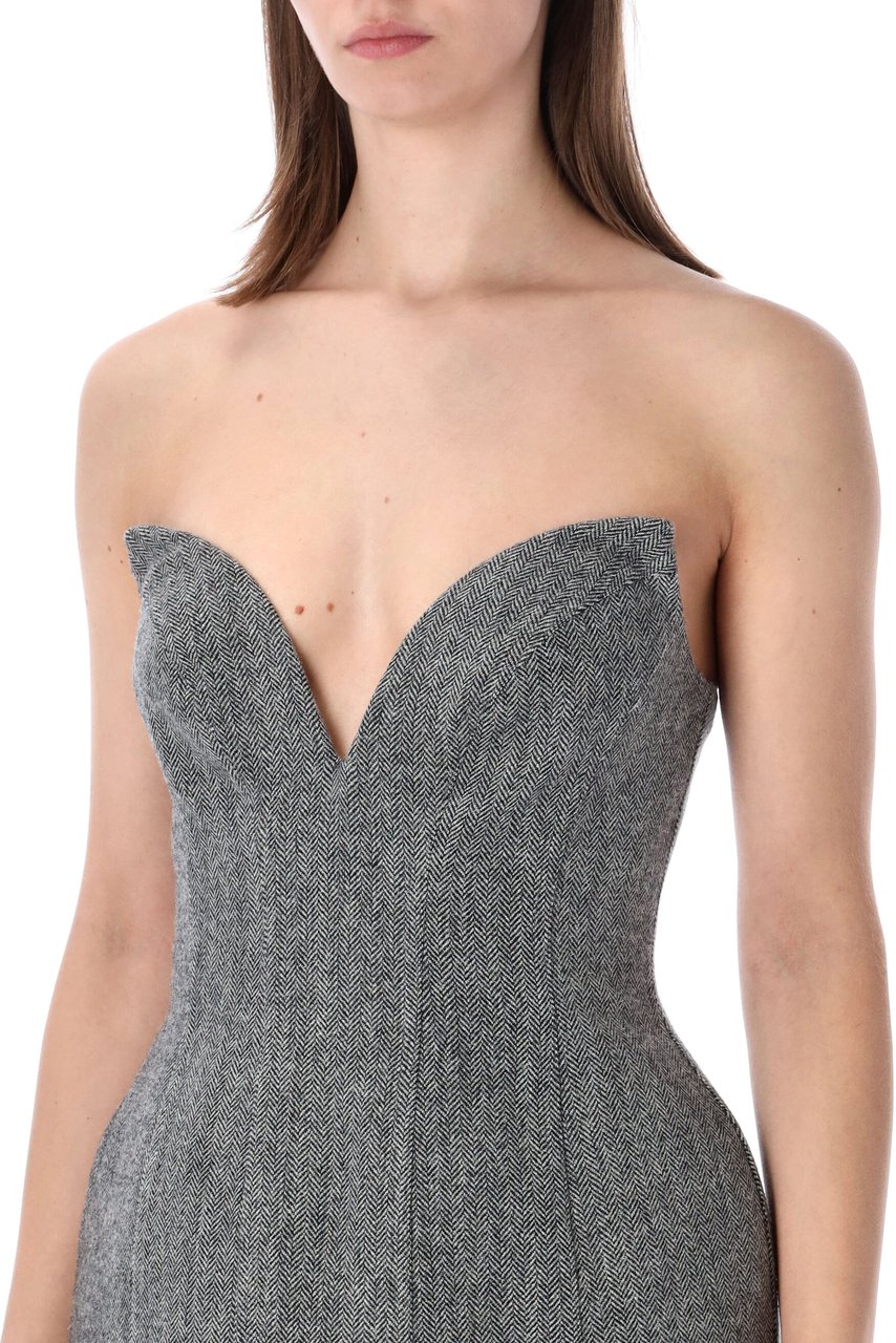 Self-Portrait Sculpted Mini Dress Wool Herringbone Grey Grijs