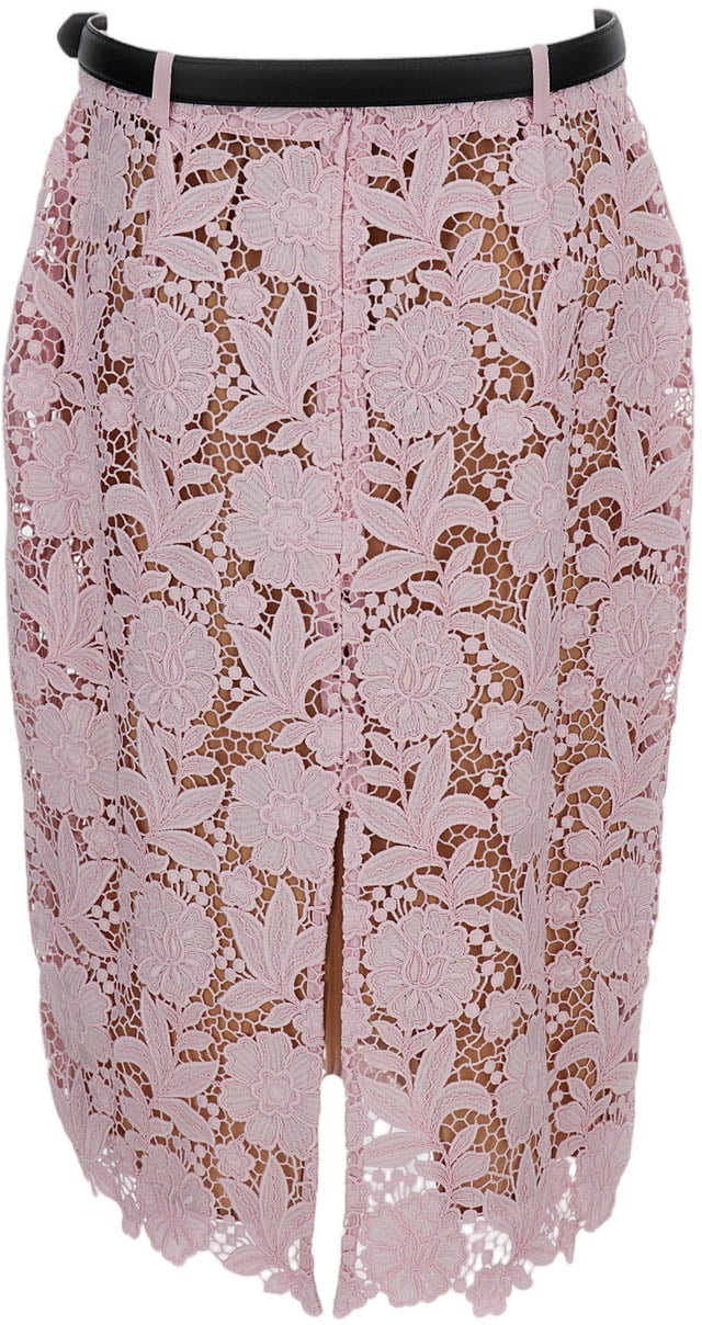 Self-Portrait Lace Overlay Midi Skirt with Scalloped Hem Roze