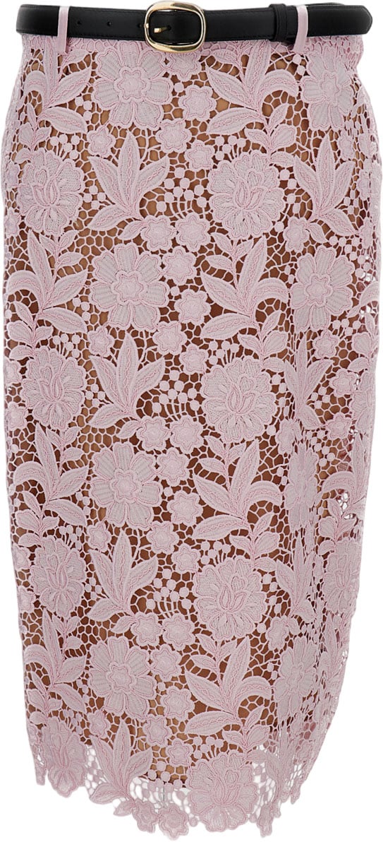 Self-Portrait Lace Overlay Midi Skirt with Scalloped Hem Roze