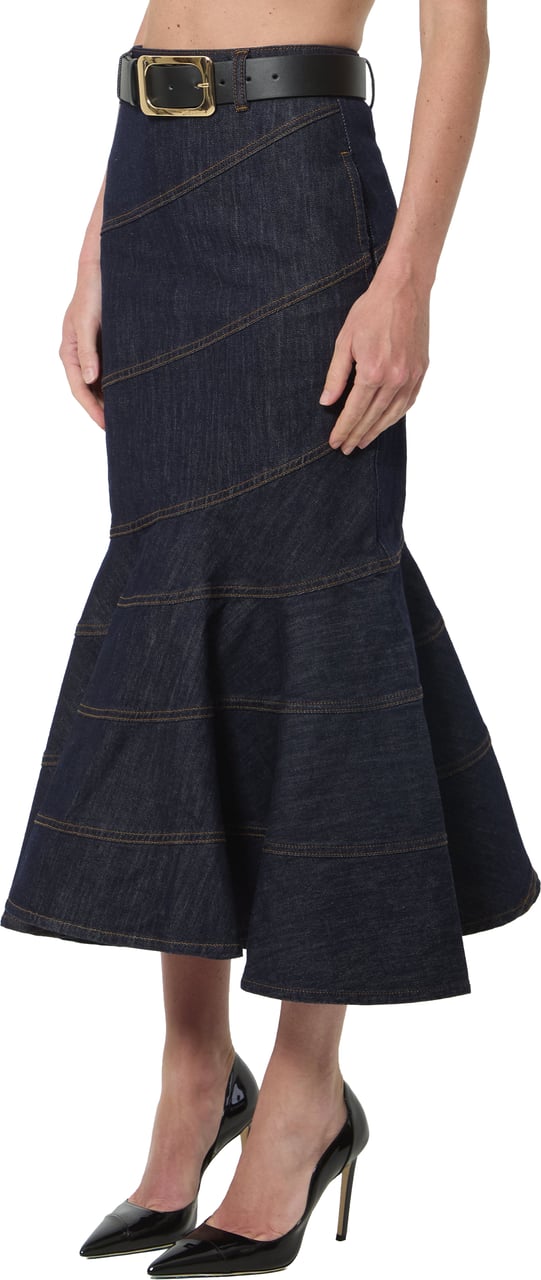 Self-Portrait Indigo denim belted midi skirt Blauw