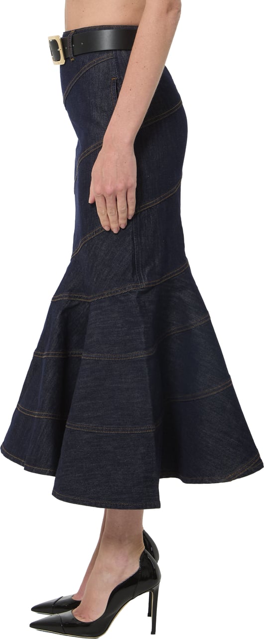 Self-Portrait Indigo denim belted midi skirt Blauw