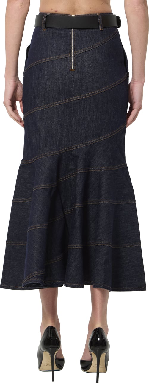 Self-Portrait Indigo denim belted midi skirt Blauw