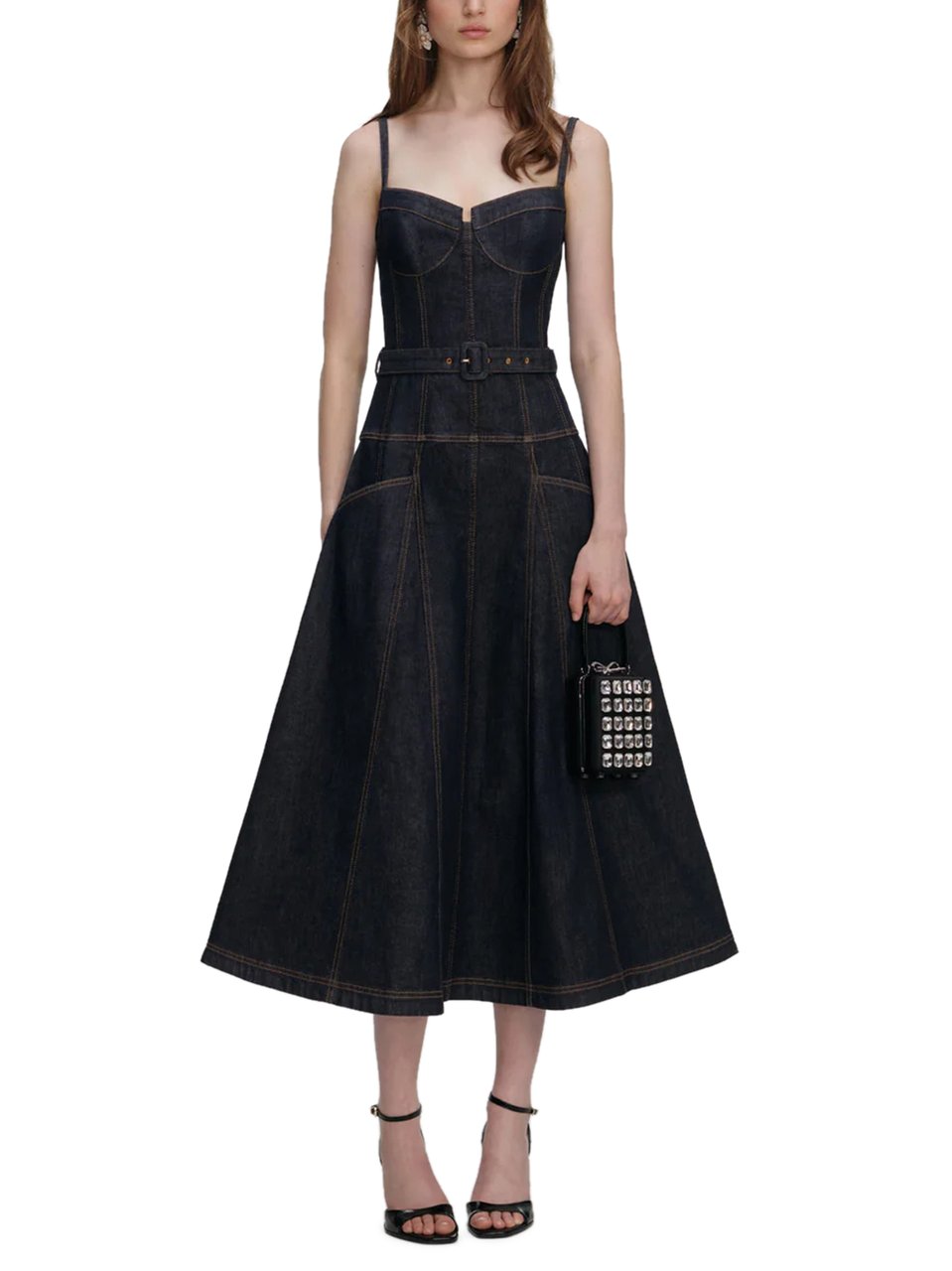 Self-Portrait Indigo Denim Flared Midi Dress with Contrast Stitching Zwart