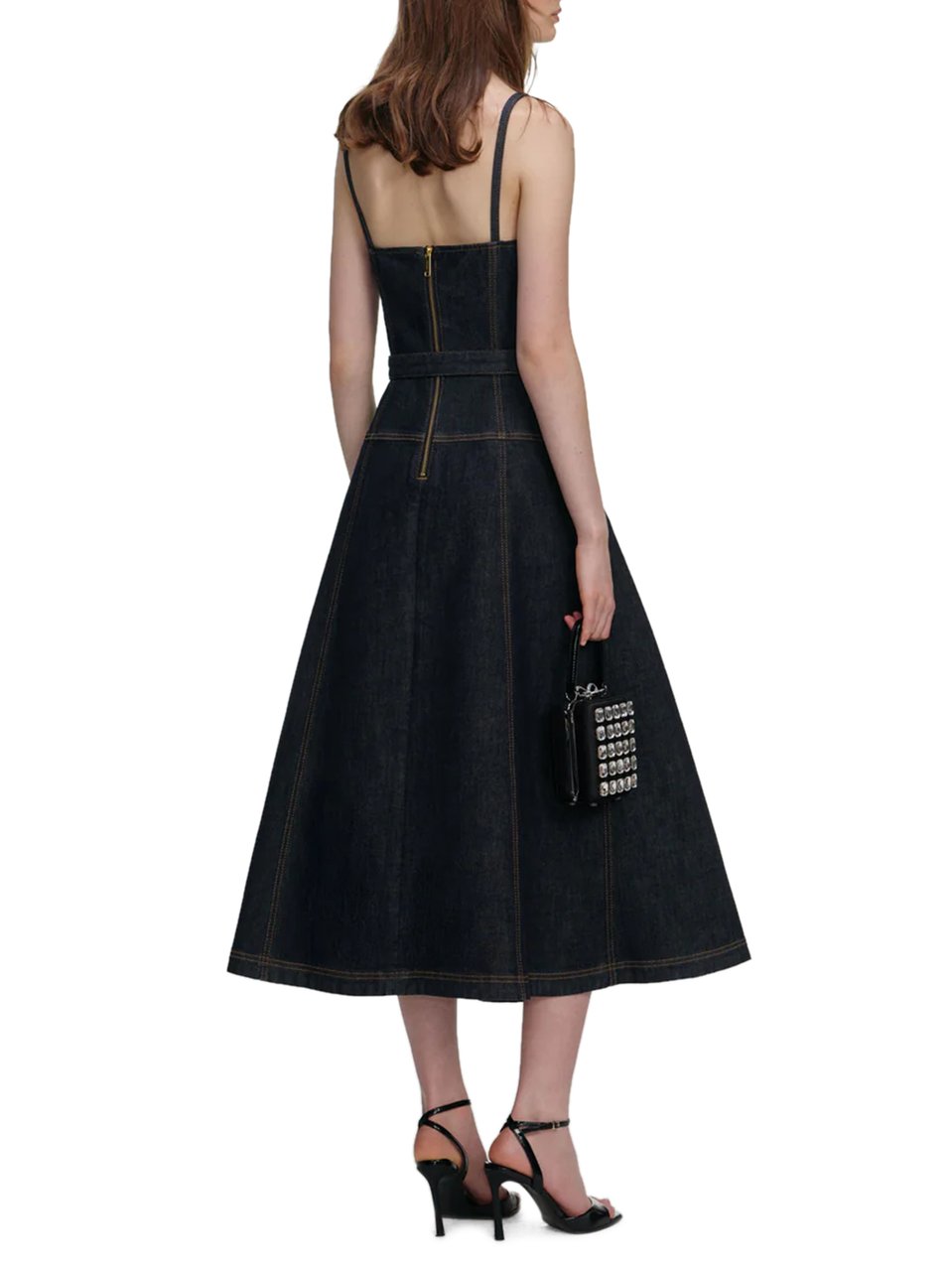 Self-Portrait Indigo Denim Flared Midi Dress with Contrast Stitching Zwart