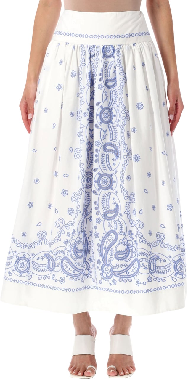 Self-Portrait Embroidered Midi Skirt White Blu Flower Wit
