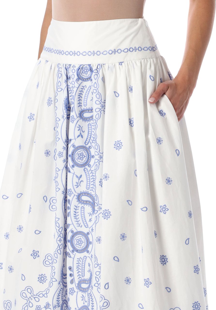 Self-Portrait Embroidered Midi Skirt White Blu Flower Wit