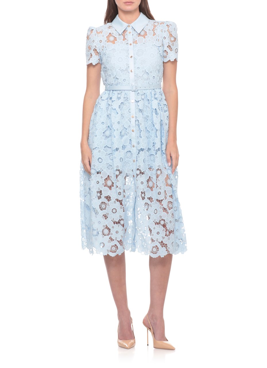 Self-Portrait Light Blue Lace Collared Midi Dress With Matching Belt Blauw