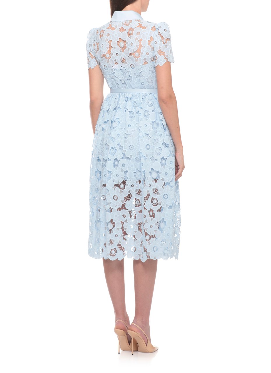 Self-Portrait Light Blue Lace Collared Midi Dress With Matching Belt Blauw