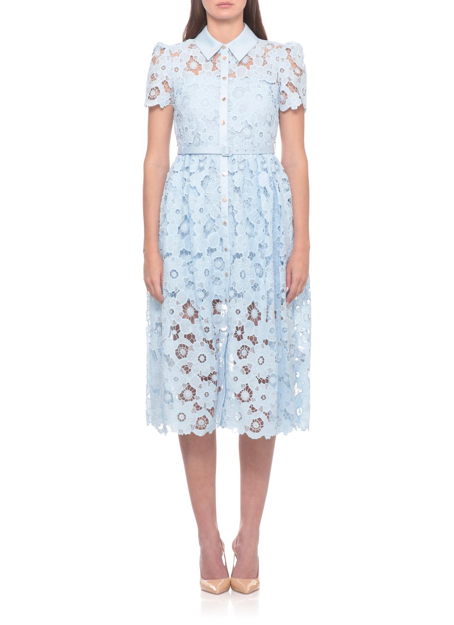 Self-Portrait Light Blue Lace Collared Midi Dress With Matching Belt Blauw