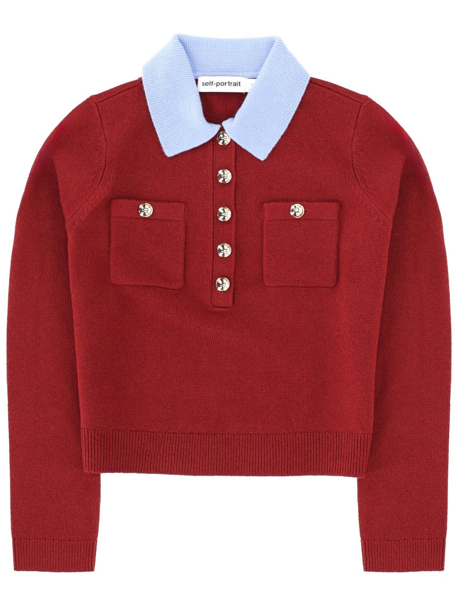 Self-Portrait Red Contrast Collar Wool-Blend Polo Shirt Rood