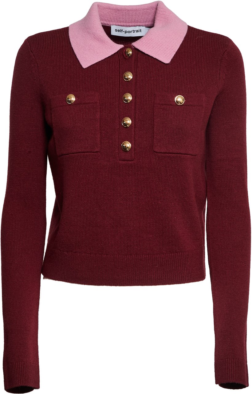 Self-Portrait Burgundy Pink Contrast Collar Knit Top Rood