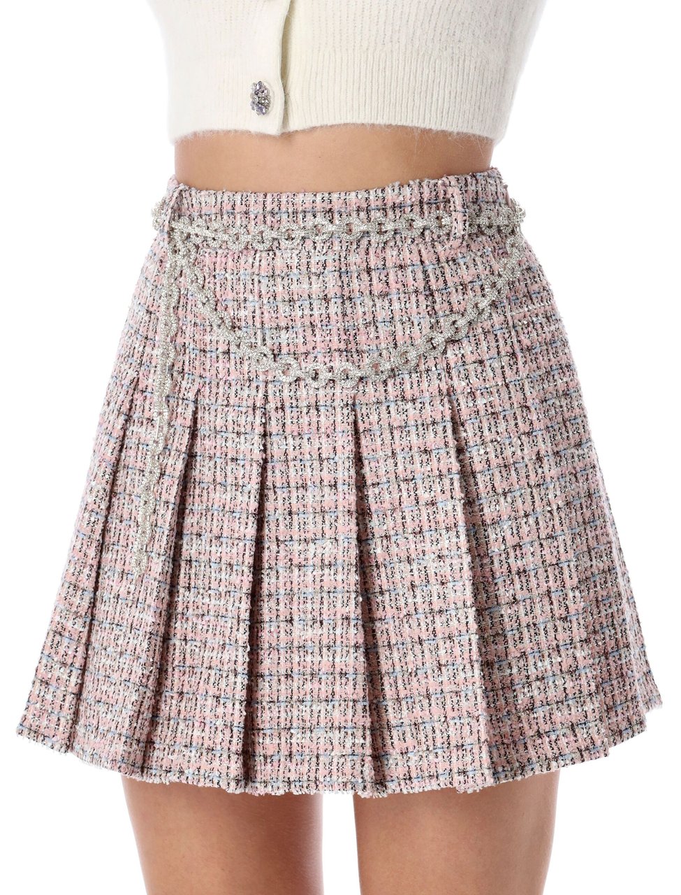 Self-Portrait Boucle Pleated Mini Skirt Chain Rosa Roze