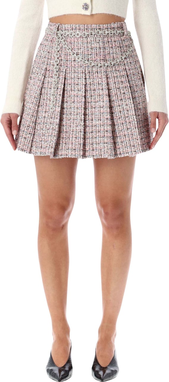 Self-Portrait Boucle Pleated Mini Skirt Chain Rosa Roze