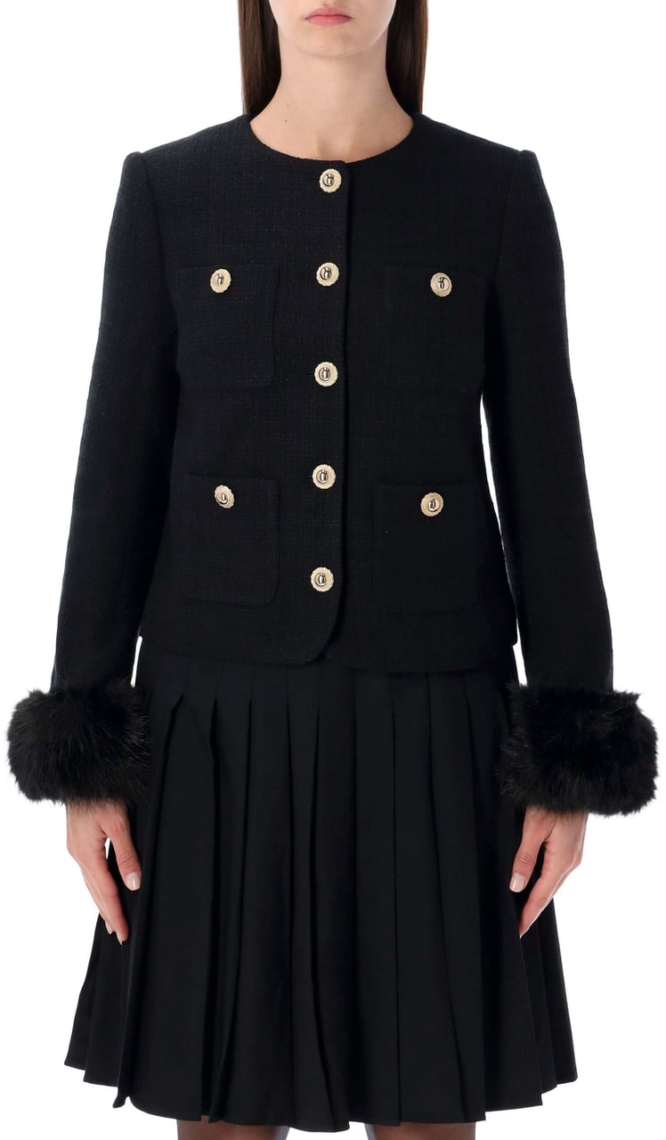 Self-Portrait Boucle Cropped Jacket Eco Fur Sleeve Nero Zwart