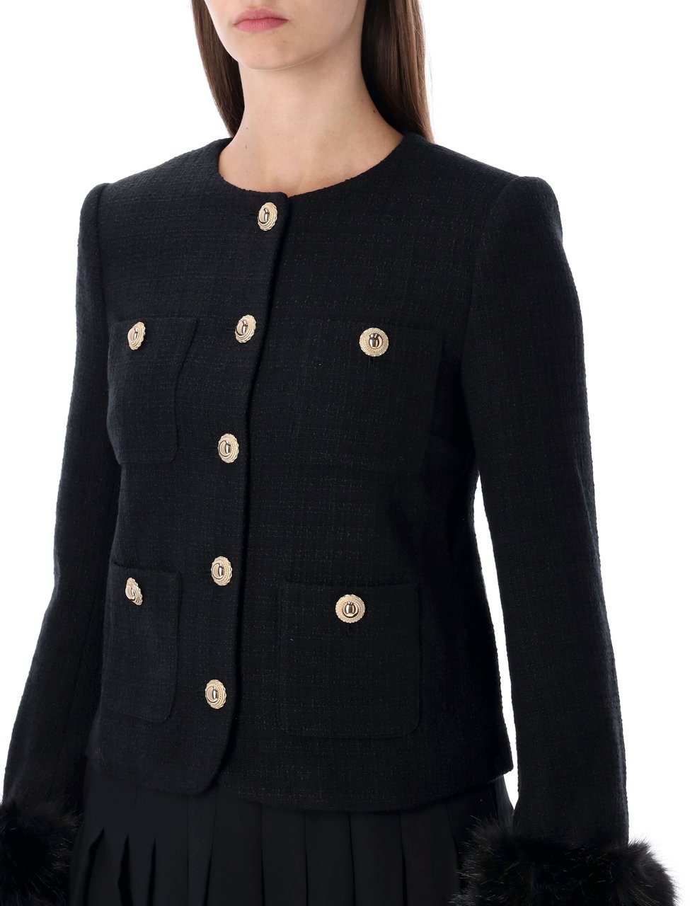Self-Portrait Boucle Cropped Jacket Eco Fur Sleeve Nero Zwart