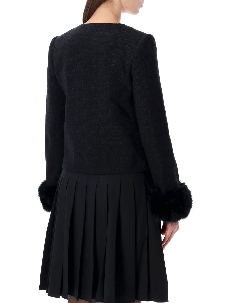 Self-Portrait Boucle Cropped Jacket Eco Fur Sleeve Nero Zwart