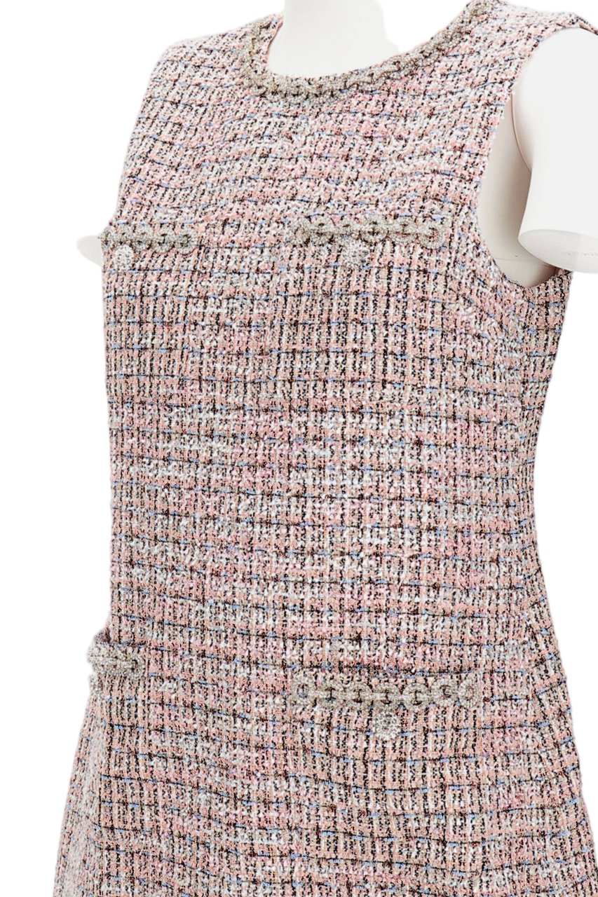Self-Portrait Midi Crewneck Dress With Zip Closure And Boucle Motif Roze