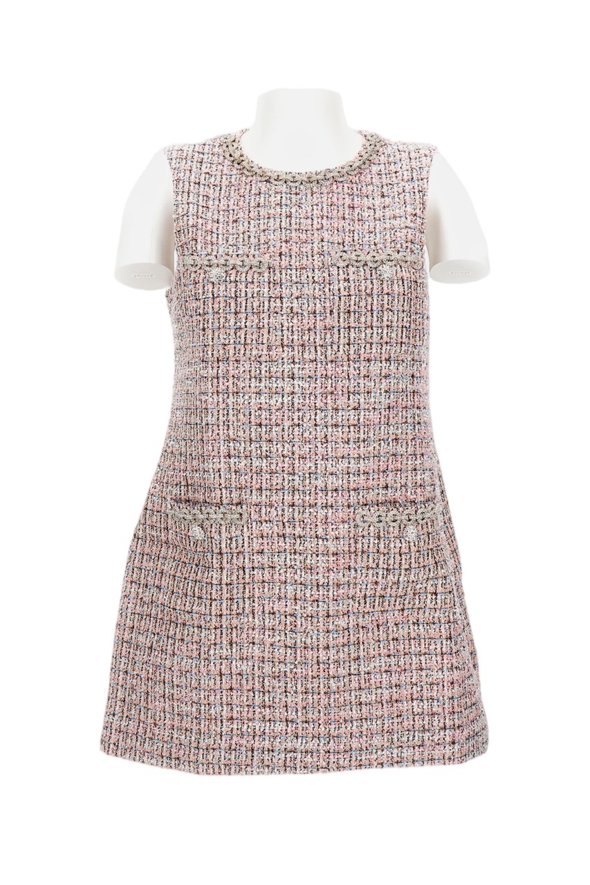 Self-Portrait Midi Crewneck Dress With Zip Closure And Boucle Motif Roze