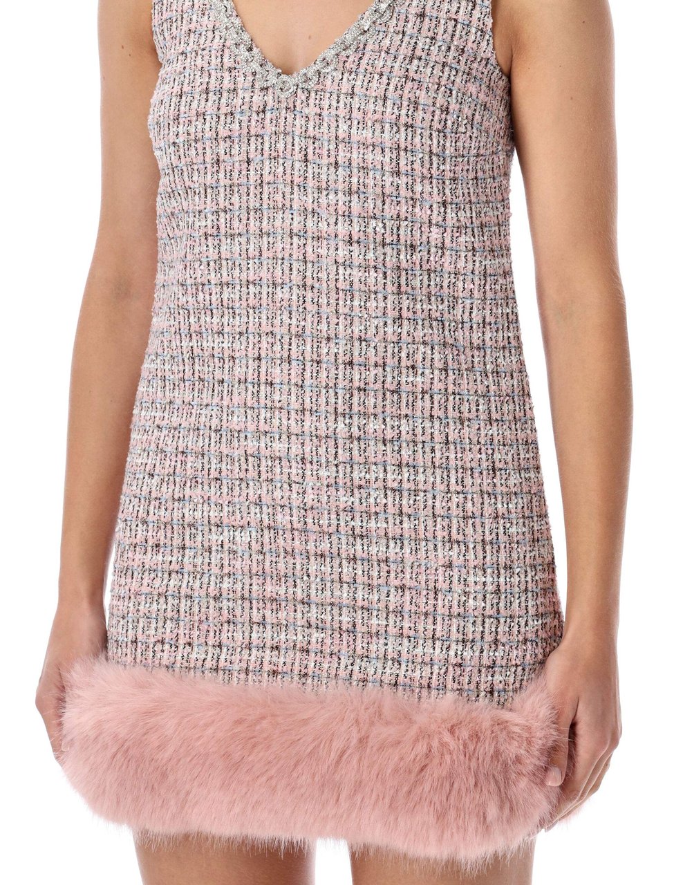 Self-Portrait Mini Dress Boucle Eco Fur Trim Rosa Roze