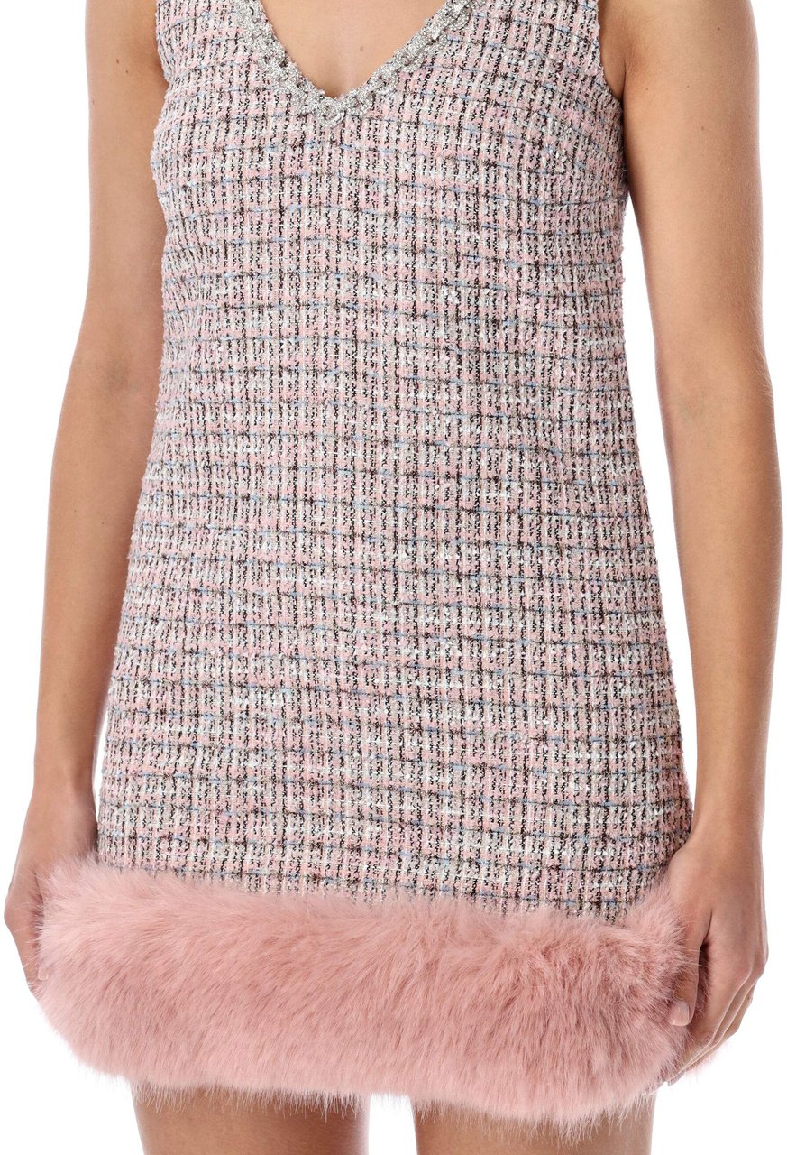 Self-Portrait Mini Dress Boucle Eco Fur Trim Rosa Roze