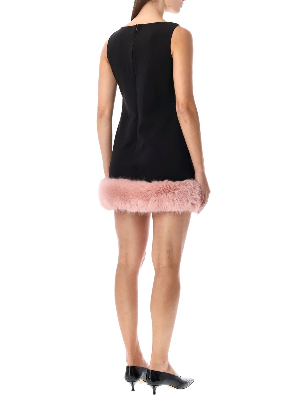 Self-Portrait Self-Portrait back crepe mini dress with pink faux fur hem Zwart