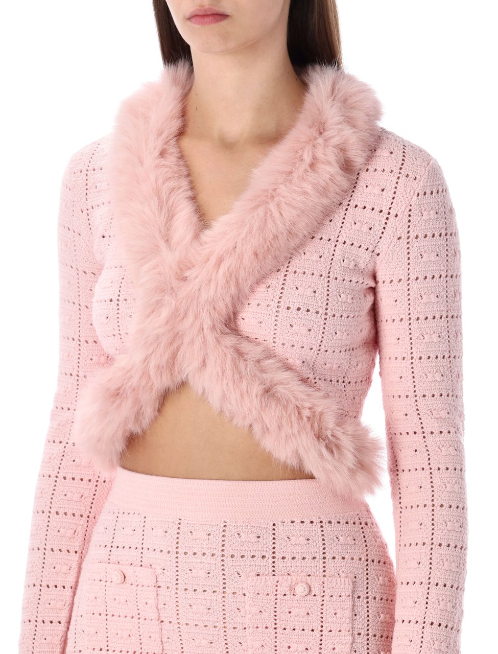 Self-Portrait Cardigan Eco Fur Trim Rosa Roze