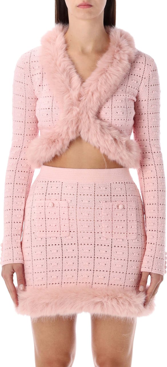 Self-Portrait Cardigan Eco Fur Trim Rosa Roze