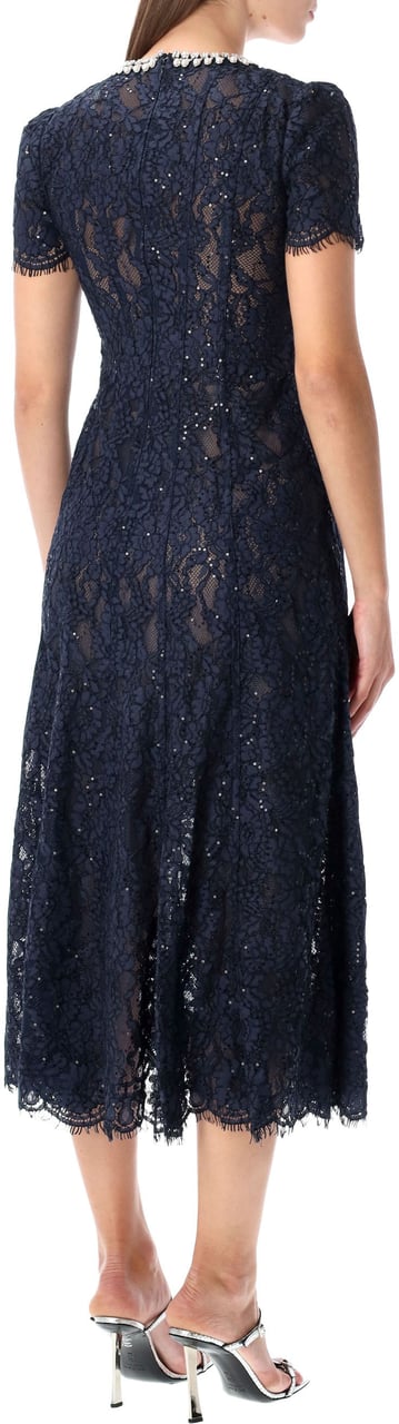 Self-Portrait Lace Long Dress Navy Blu Blauw