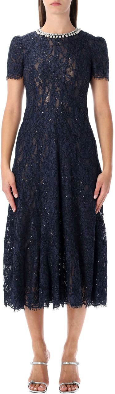 Self-Portrait Lace Long Dress Navy Blu Blauw