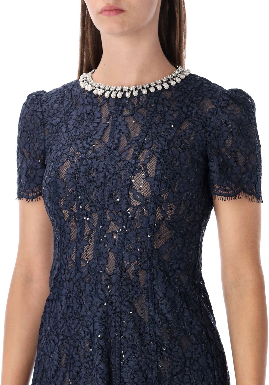 Self-Portrait Lace Long Dress Navy Blu Blauw