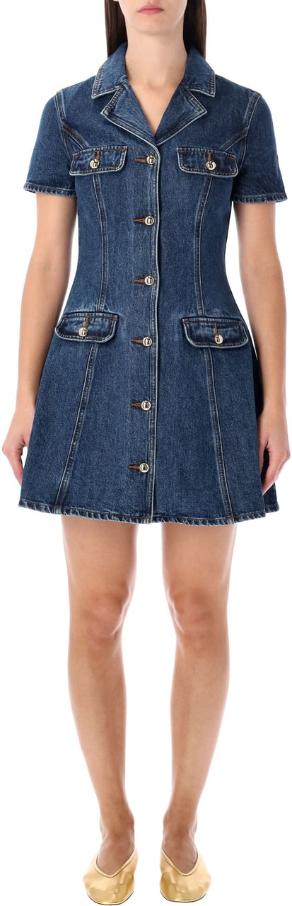Self-Portrait Self-Portrait Blue Denim Mini Dress with Gold Buttons Blauw