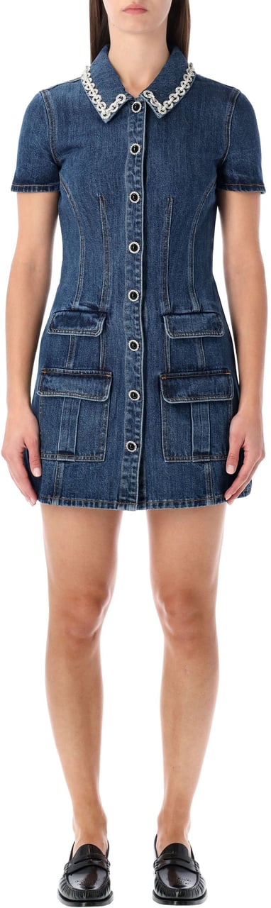 Self-Portrait Self-Portrait denim mini dress with crystal-embellished collar Blauw